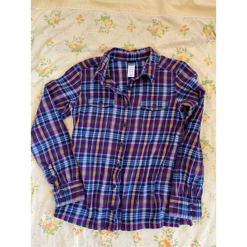 Patagonia Womens 4 Organic Cotton Plaid Flannel Button Down Shirt Purple Blue